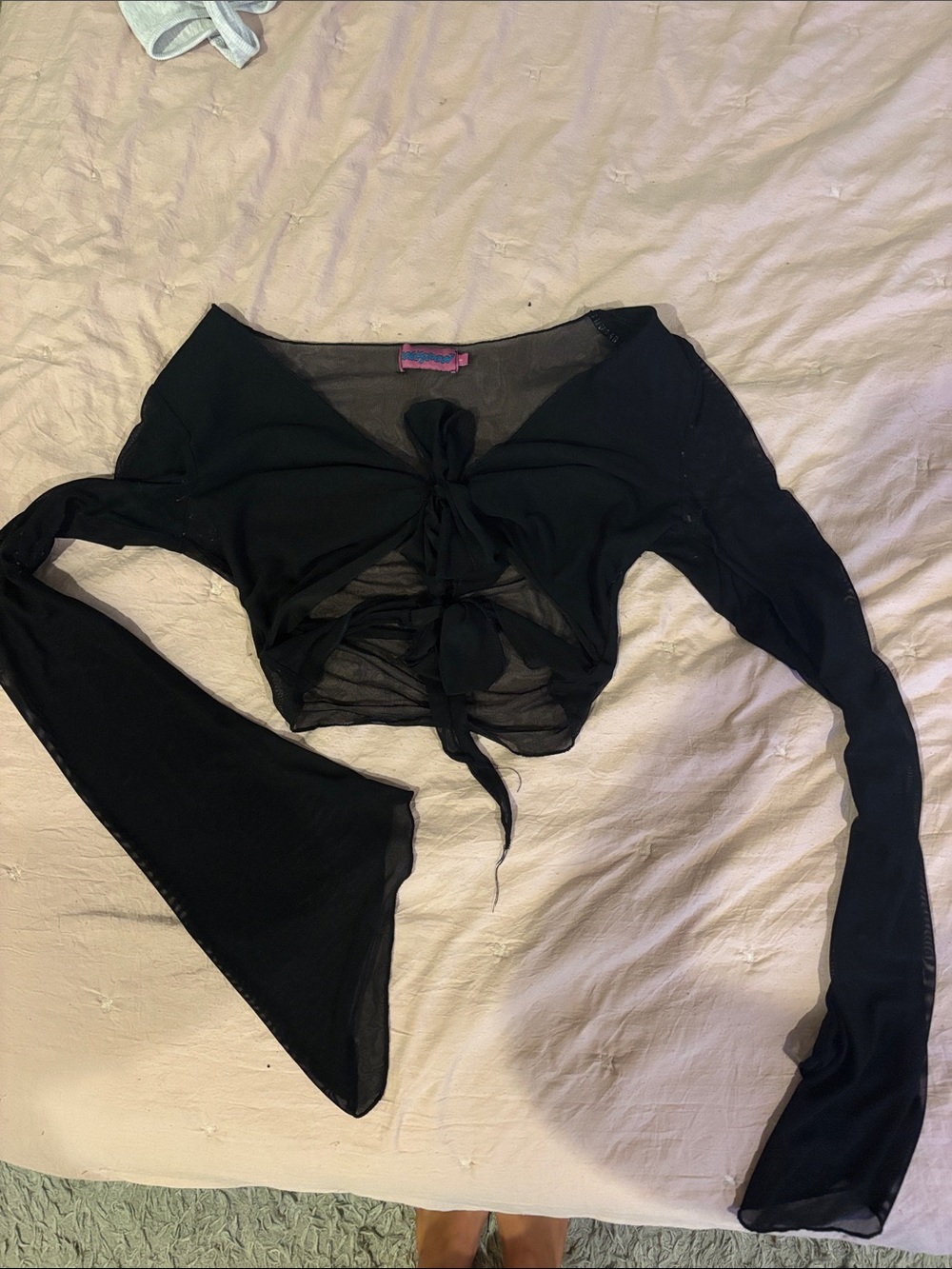 Edikted Black Sheer Long-Sleeve Tie-Front Crop Top